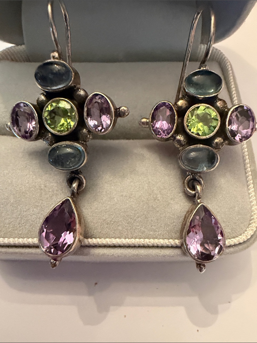 Nicky Butler Vintage 925  Silver Drop Earrings with Purple & Green Gemstones